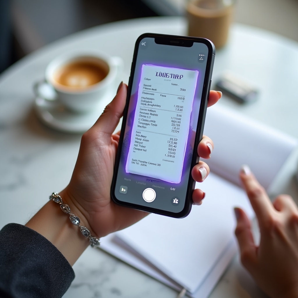Hand hält Smartphone und fotografiert Beleg mit der Crystal Archie App