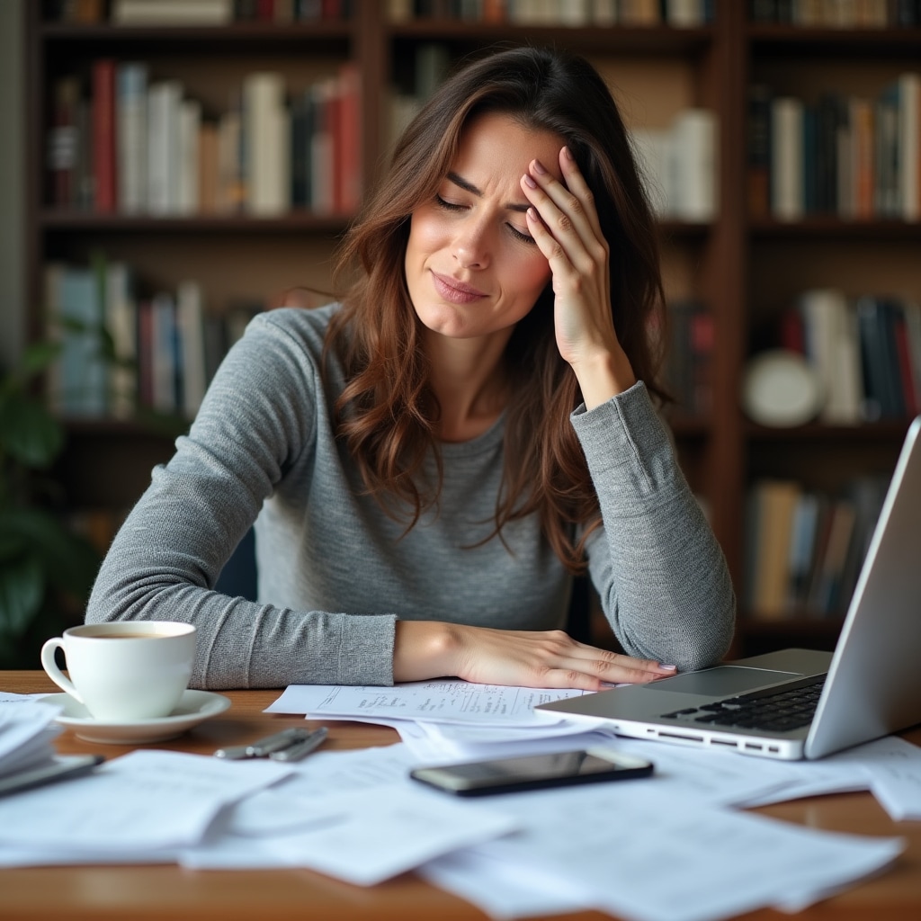 Freiberuflerin umgeben von unsortierten Belegen und Dokumenten am Schreibtisch