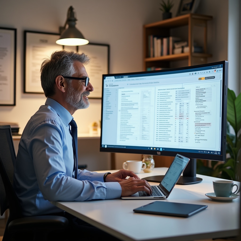 Steuerberater arbeitet mit digital aufbereiteten Unterlagen am Computer